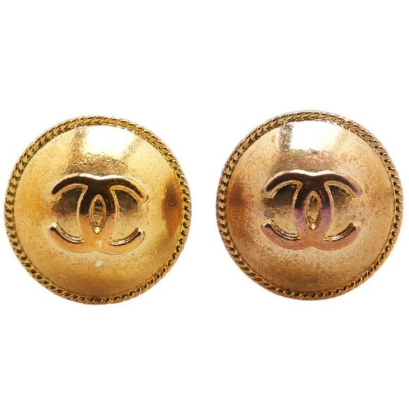 CHANEL CC Logos Round Vintage Clip-On Earrings Gold Tone 95P Auth w/Box #3437 - Picture 3 of 8